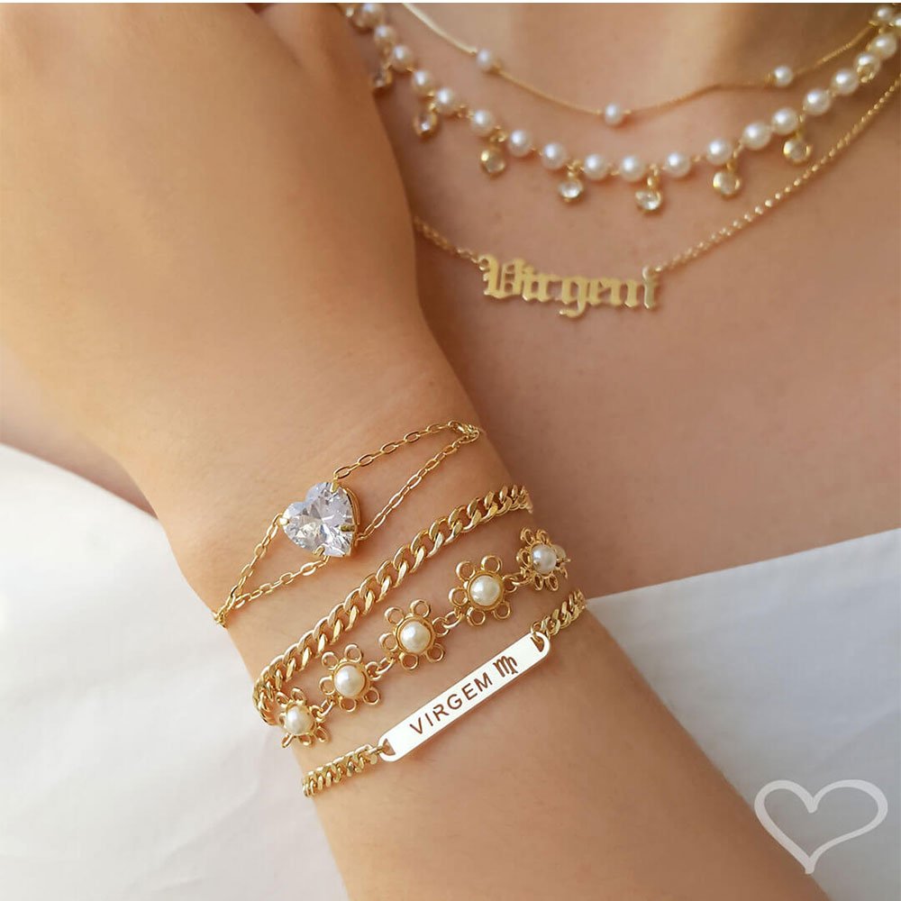 PULSEIRA FOLHEADA A OURO 18K AJUSTÁVEL CORAÇÃO ZIRCÔNIAS CRISTAL BREILA Dourado 4