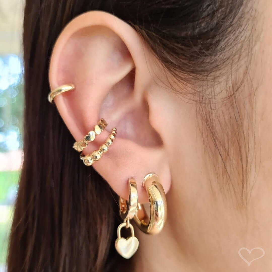 PIERCING PIUKA PRESSÃO BIBI ELOS CORAÇÕES FOLHEADO OURO 18K Dourado 3