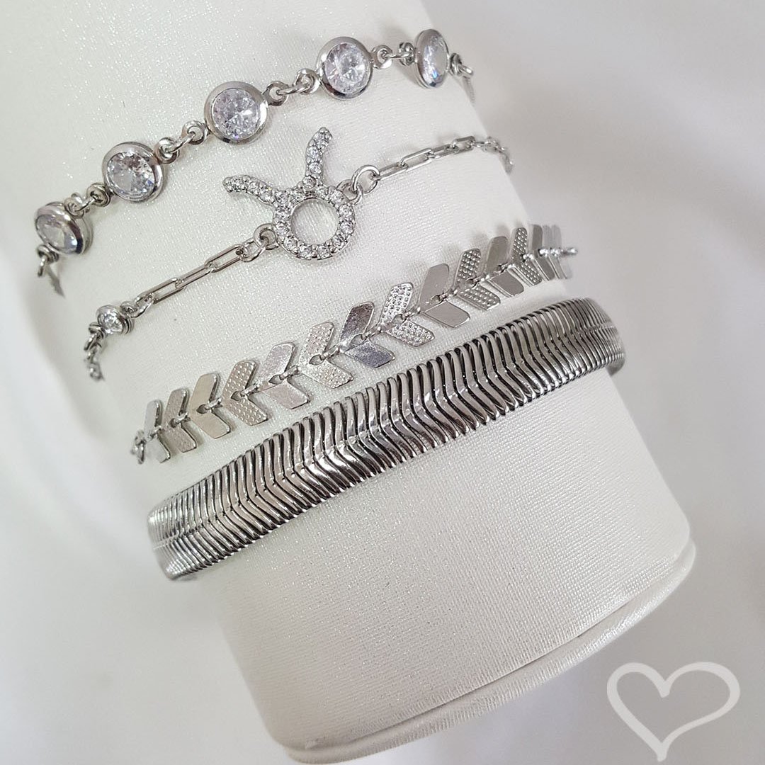 PULSEIRA FEMININA FERNANDA MALHA METAL LARGA FOLHEADA EM RÓDIO BRANCO Prata 2