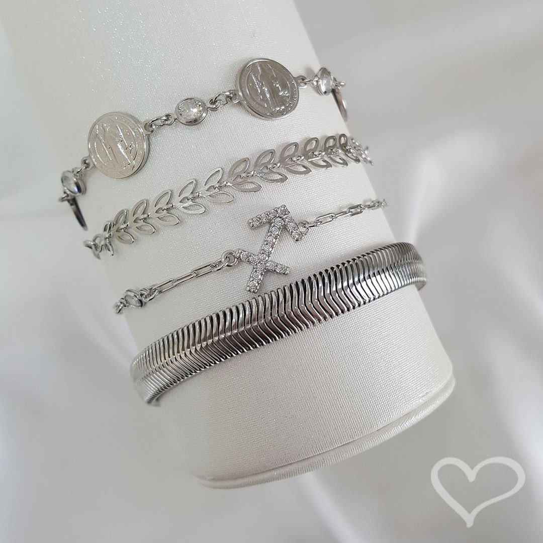 PULSEIRA FEMININA FERNANDA MALHA METAL LARGA FOLHEADA EM RÓDIO BRANCO Prata 3