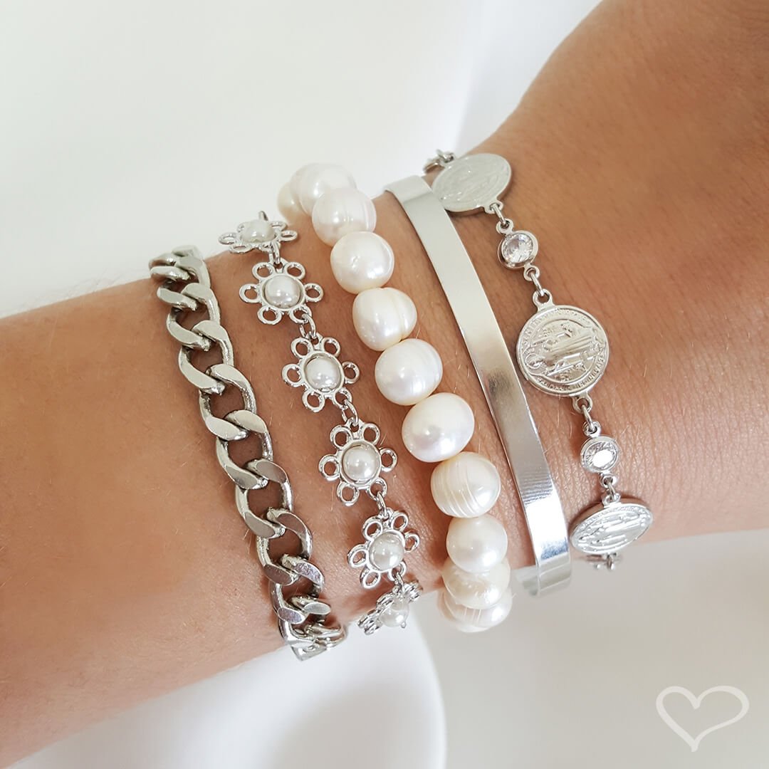 BRACELETE FEMININO FOLHEADO EM RÓDIO BRANCO LISO BIA Prata 2