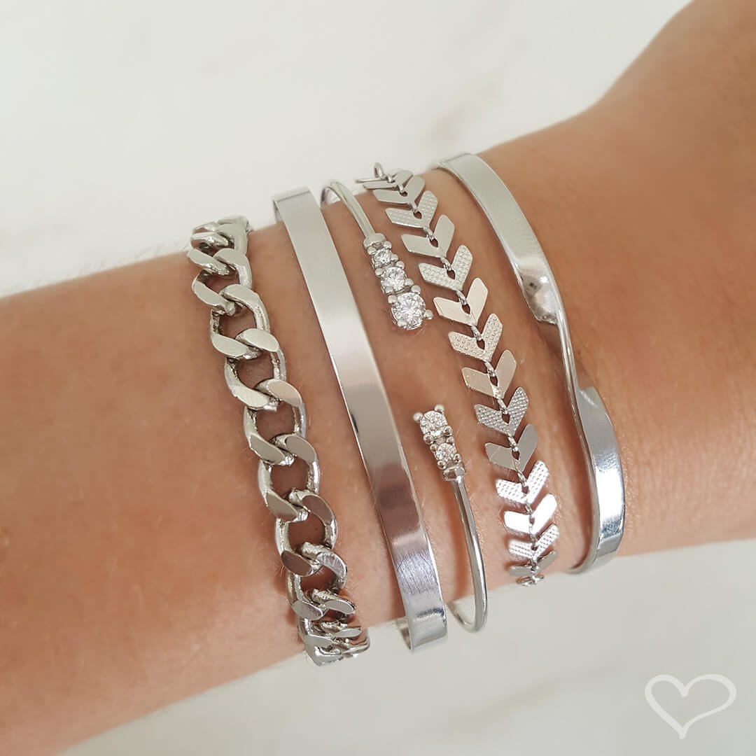 BRACELETE FEMININO FOLHEADO EM RÓDIO BRANCO LISO BIA Prata 3