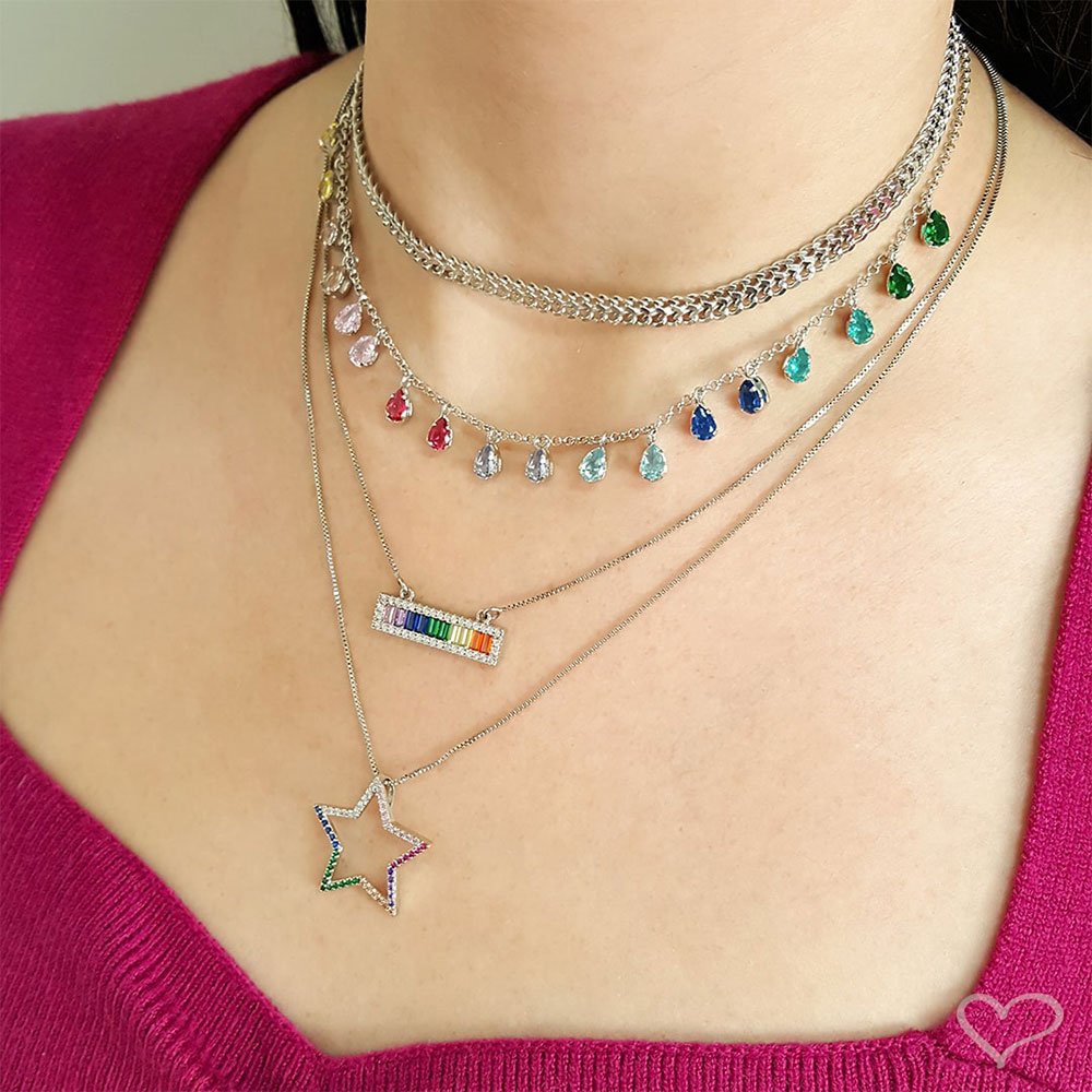 CHOKER PIUKA VIVIAN GOTAS ZIRCÔNIAS COLORIDAS FOLHEADA EM RÓDIO BRANCO Prata 2