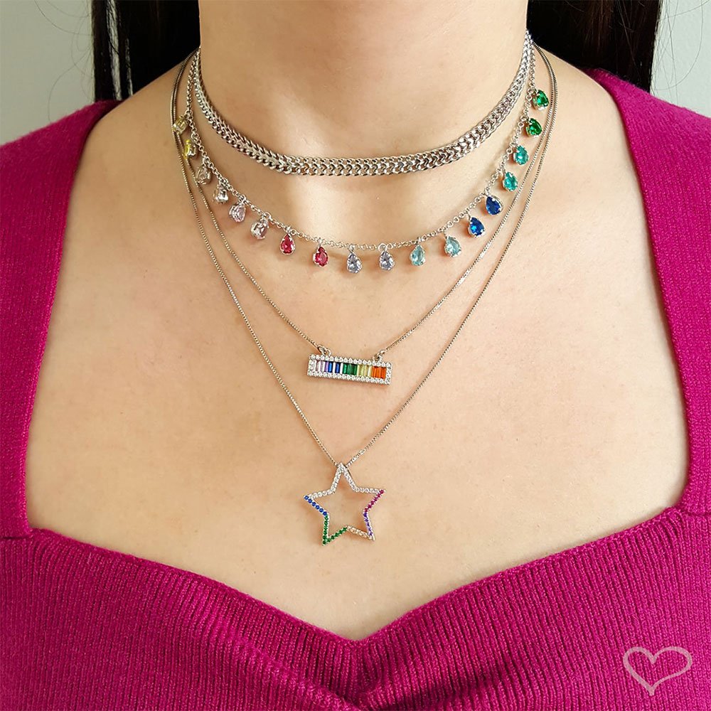 CHOKER PIUKA VIVIAN GOTAS ZIRCÔNIAS COLORIDAS FOLHEADA EM RÓDIO BRANCO Prata 3