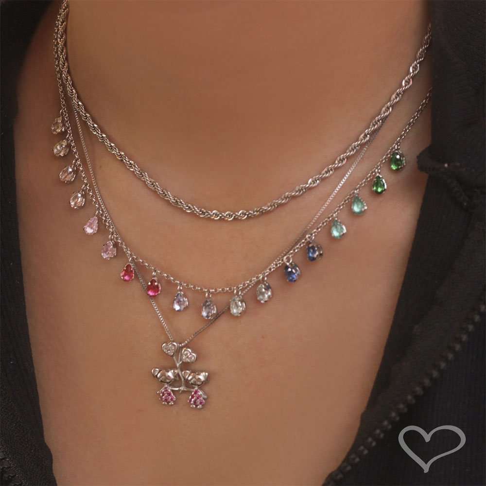 CHOKER PIUKA VIVIAN GOTAS ZIRCÔNIAS COLORIDAS FOLHEADA EM RÓDIO BRANCO Prata 5