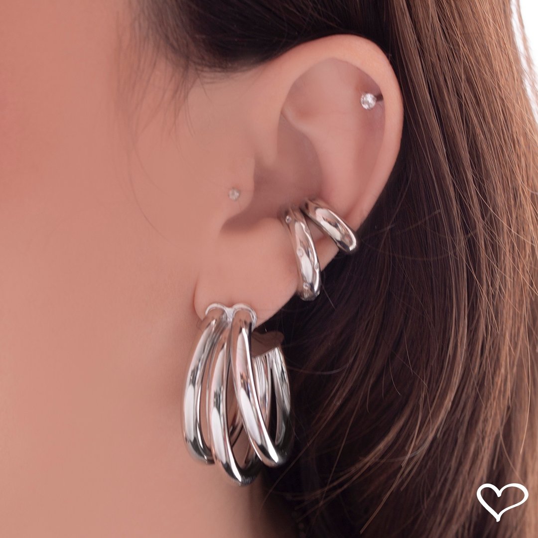 BRINCO DE ARGOLA TRIPLA TUBO LISO ENOLA P FOLHEADO EM RÓDIO BRANCO Prata 3