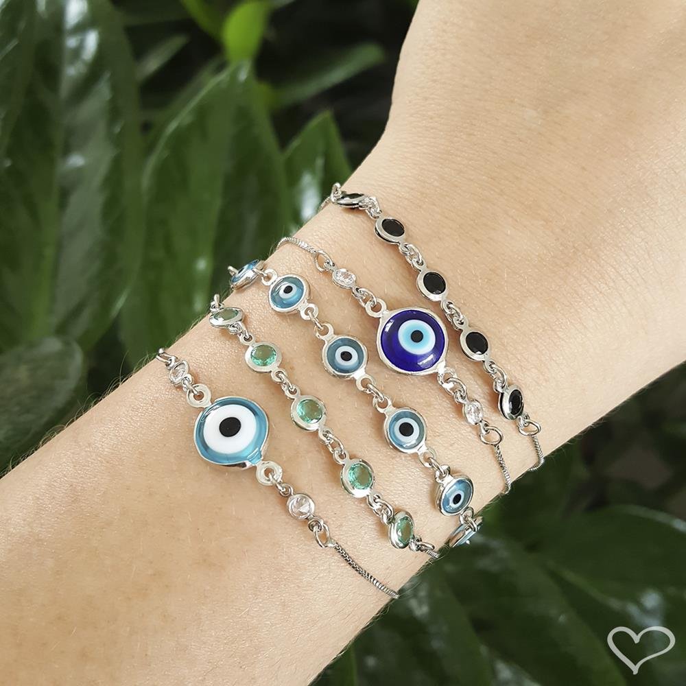 PULSEIRA AJUSTÁVEL FOLHEADA EM RÓDIO BRANCO GRÉCIA OLHO GREGO PEQUENO PIUKA Prata 2