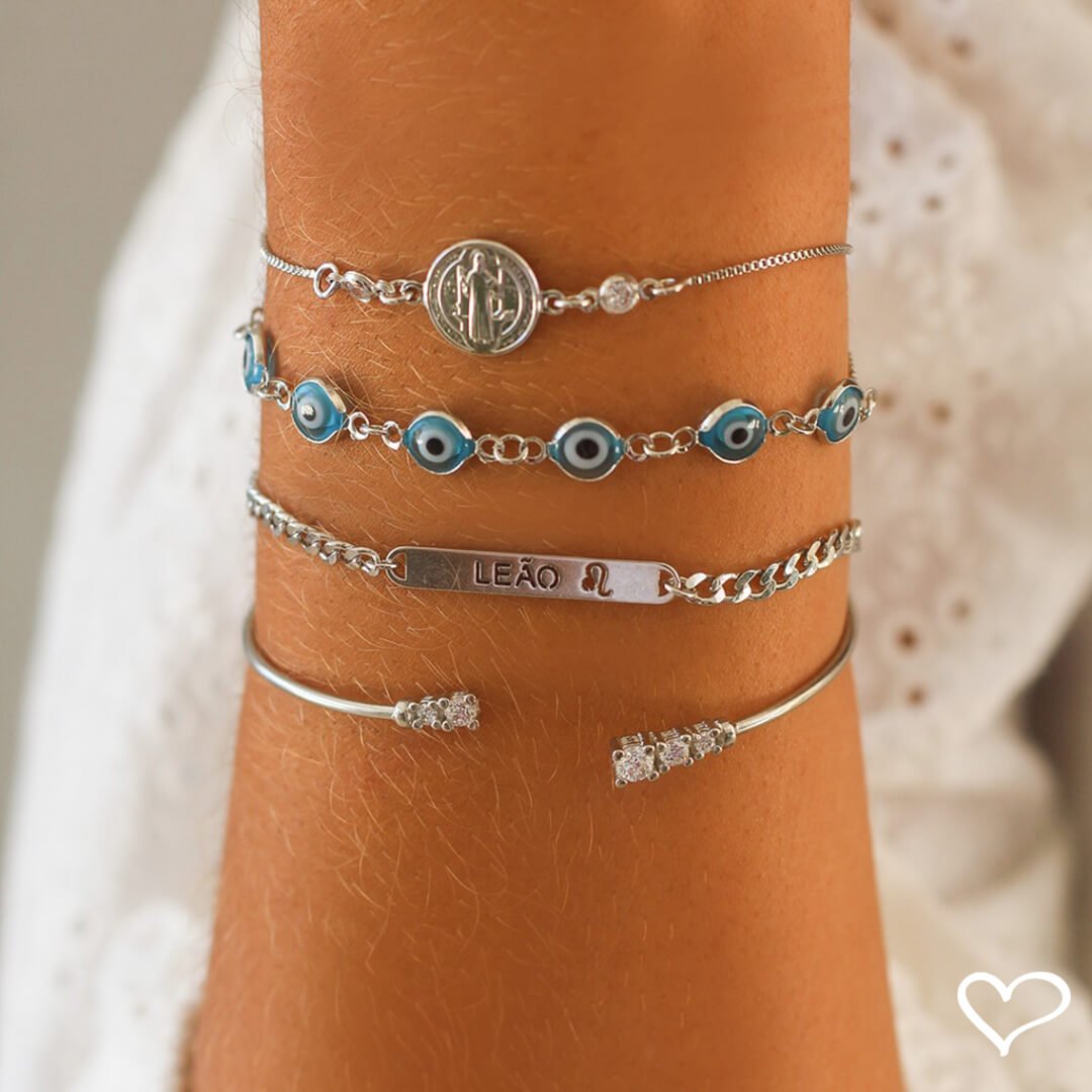 PULSEIRA AJUSTÁVEL FOLHEADA EM RÓDIO BRANCO GRÉCIA OLHO GREGO PEQUENO PIUKA Prata 3