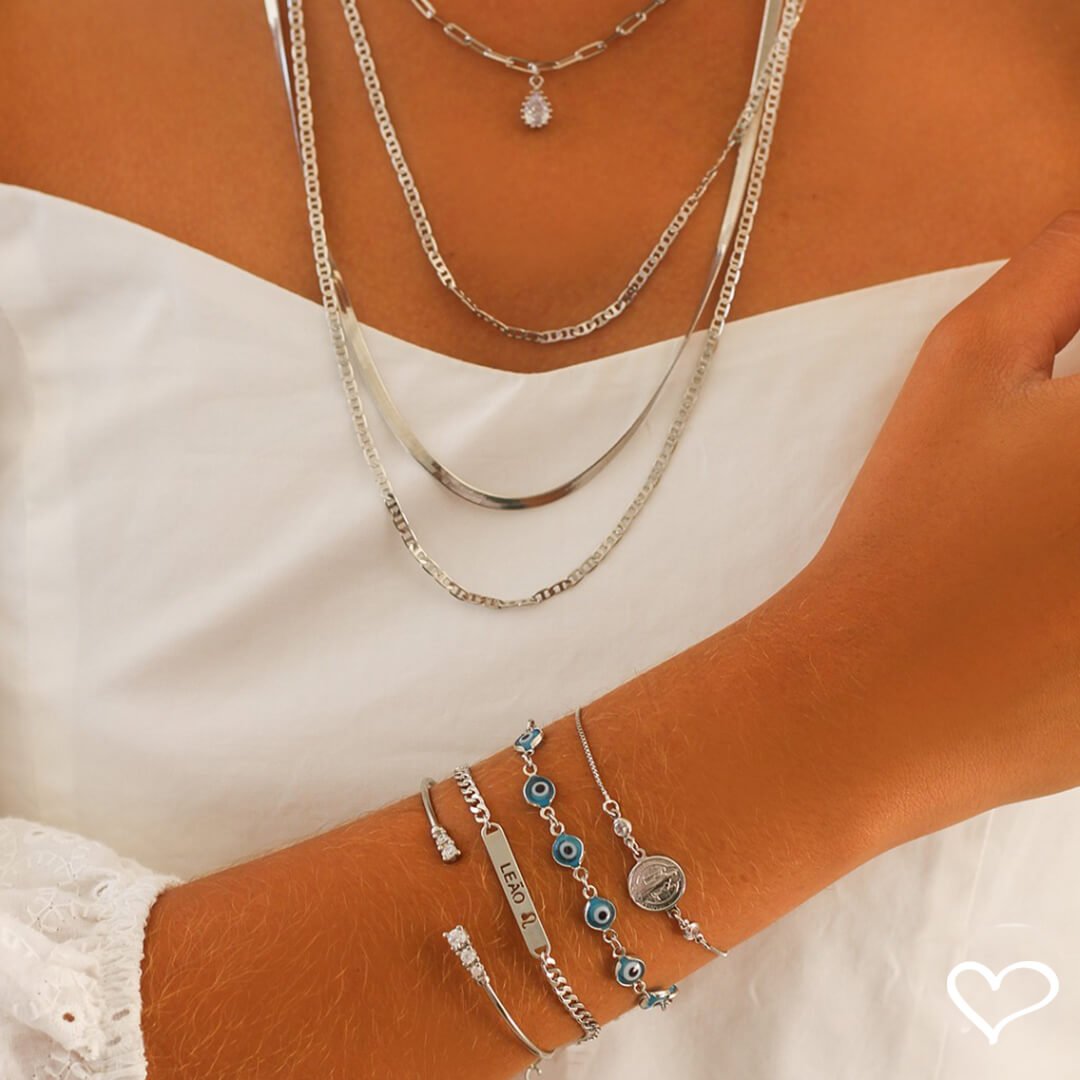 PULSEIRA AJUSTÁVEL FOLHEADA EM RÓDIO BRANCO GRÉCIA OLHO GREGO PEQUENO PIUKA Prata 4