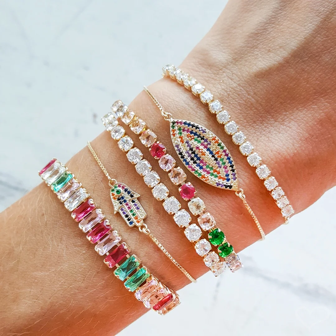 PULSEIRA AJUSTÁVEL FOLHEADA A OURO 18K RIVIERA CHIARA ZIRCÔNIA MÉDIA CRISTAL Dourado 3