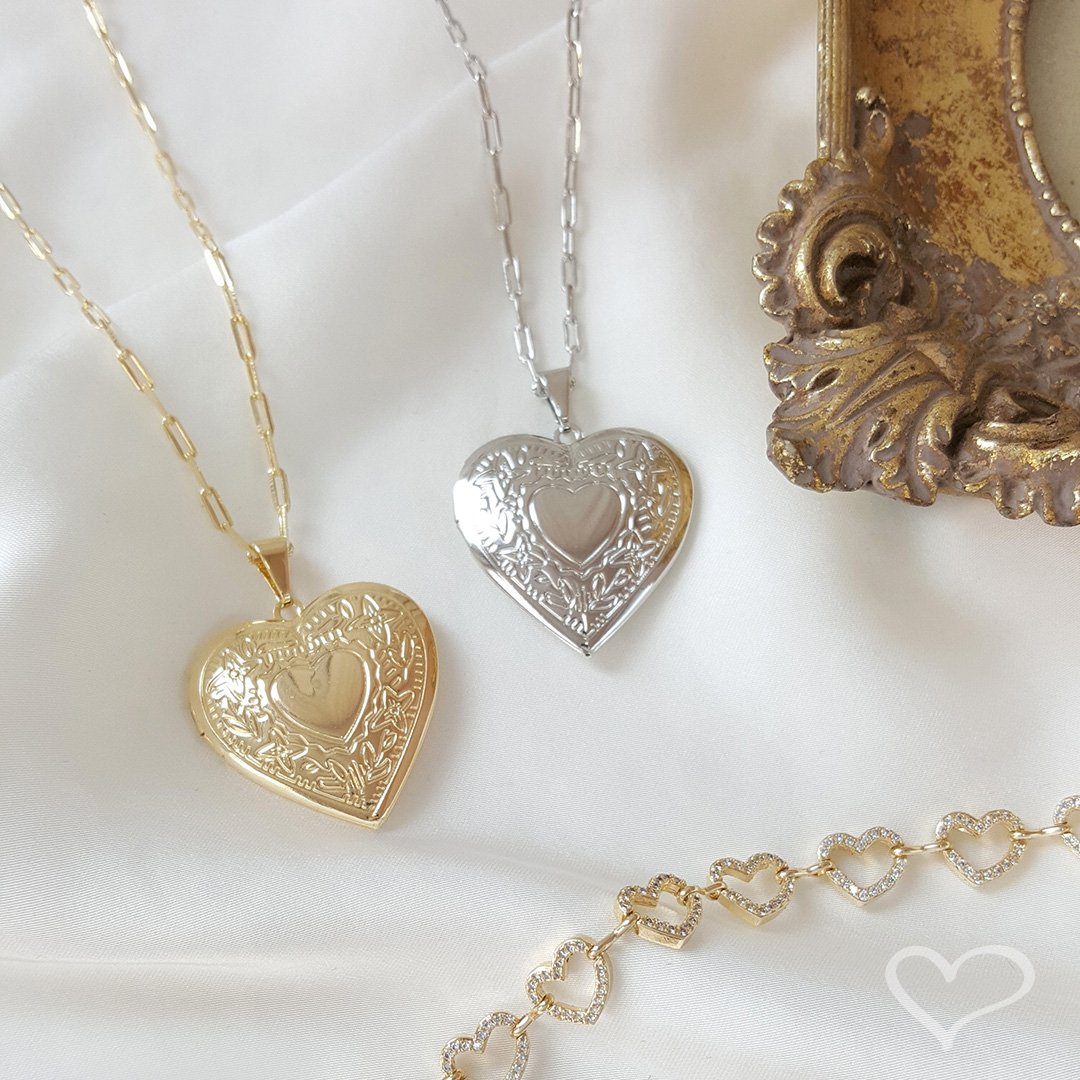 COLAR FEMININO AMORE RELICÁRIO CORAÇÃO FOLHEADO EM RÓDIO BRANCO Prata 3