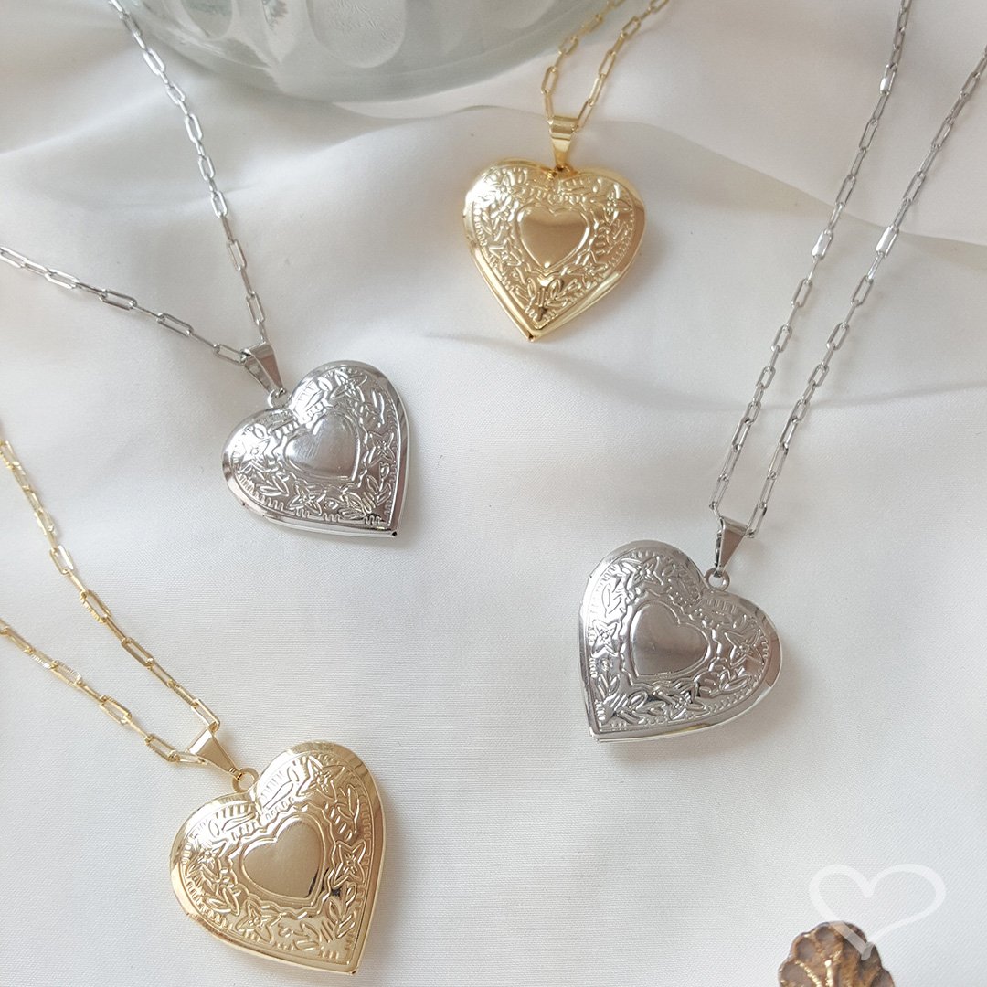 COLAR FEMININO AMORE RELICÁRIO CORAÇÃO FOLHEADO EM RÓDIO BRANCO Prata 4