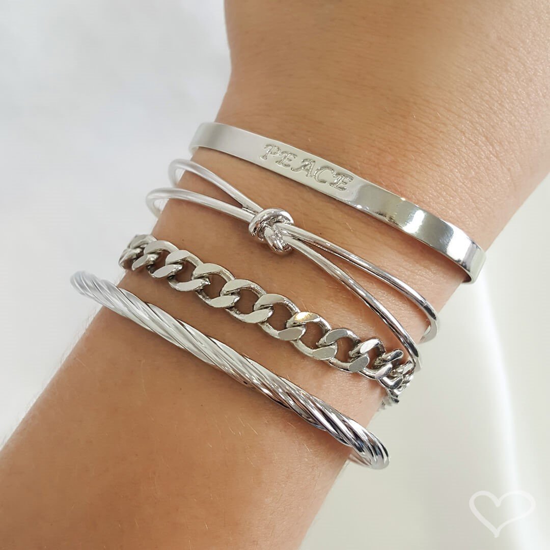 BRACELETE FEMININO FOLHEADO EM RÓDIO BRANCO TUBO TORCIDO LIH Prata 2