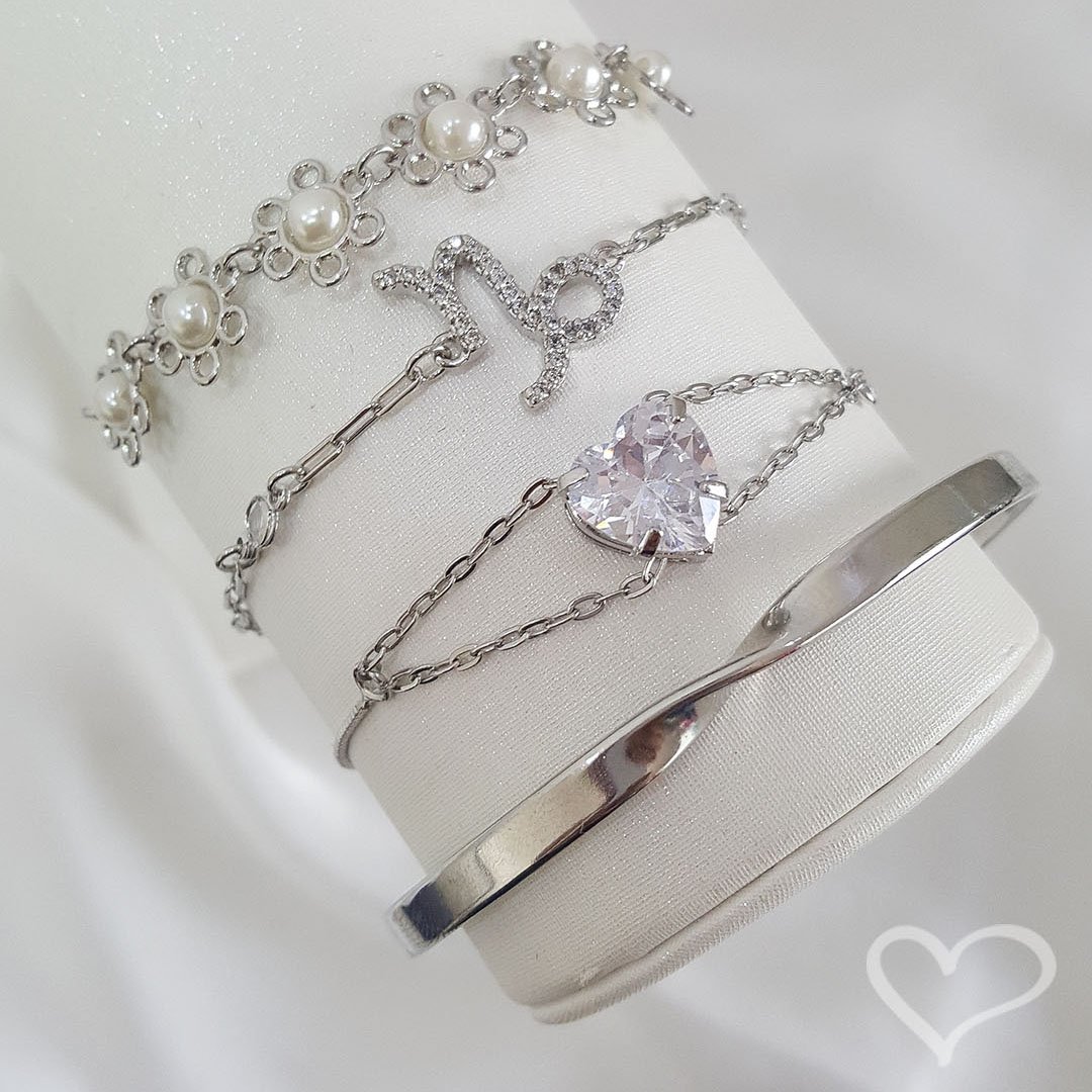 PULSEIRA AJUSTÁVEL FOLHEADA EM RÓDIO BRANCO CORAÇÃO ZIRCÔNIAS CRISTAL BREILA Prata 3