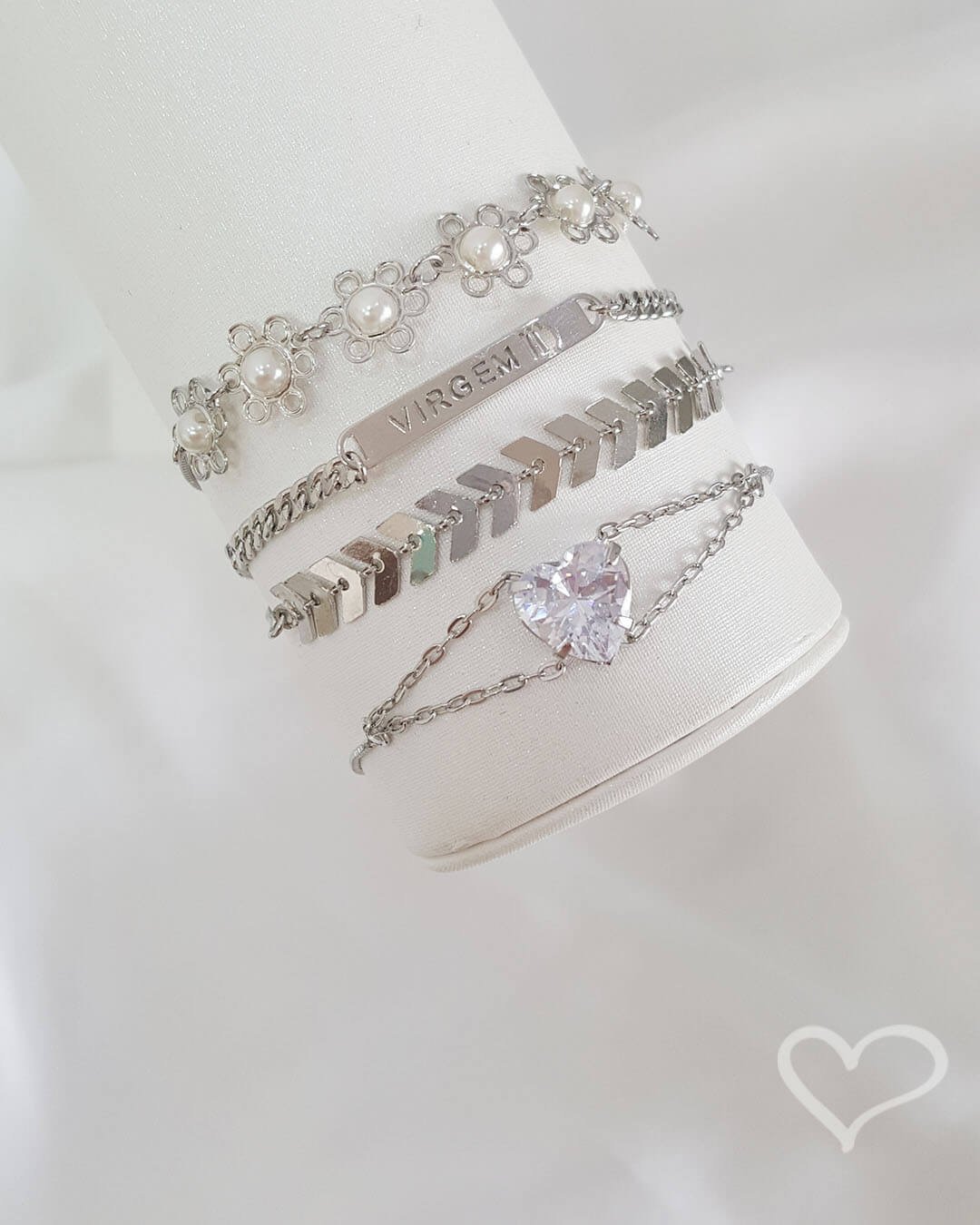 PULSEIRA AJUSTÁVEL FOLHEADA EM RÓDIO BRANCO CORAÇÃO ZIRCÔNIAS CRISTAL BREILA Prata 4