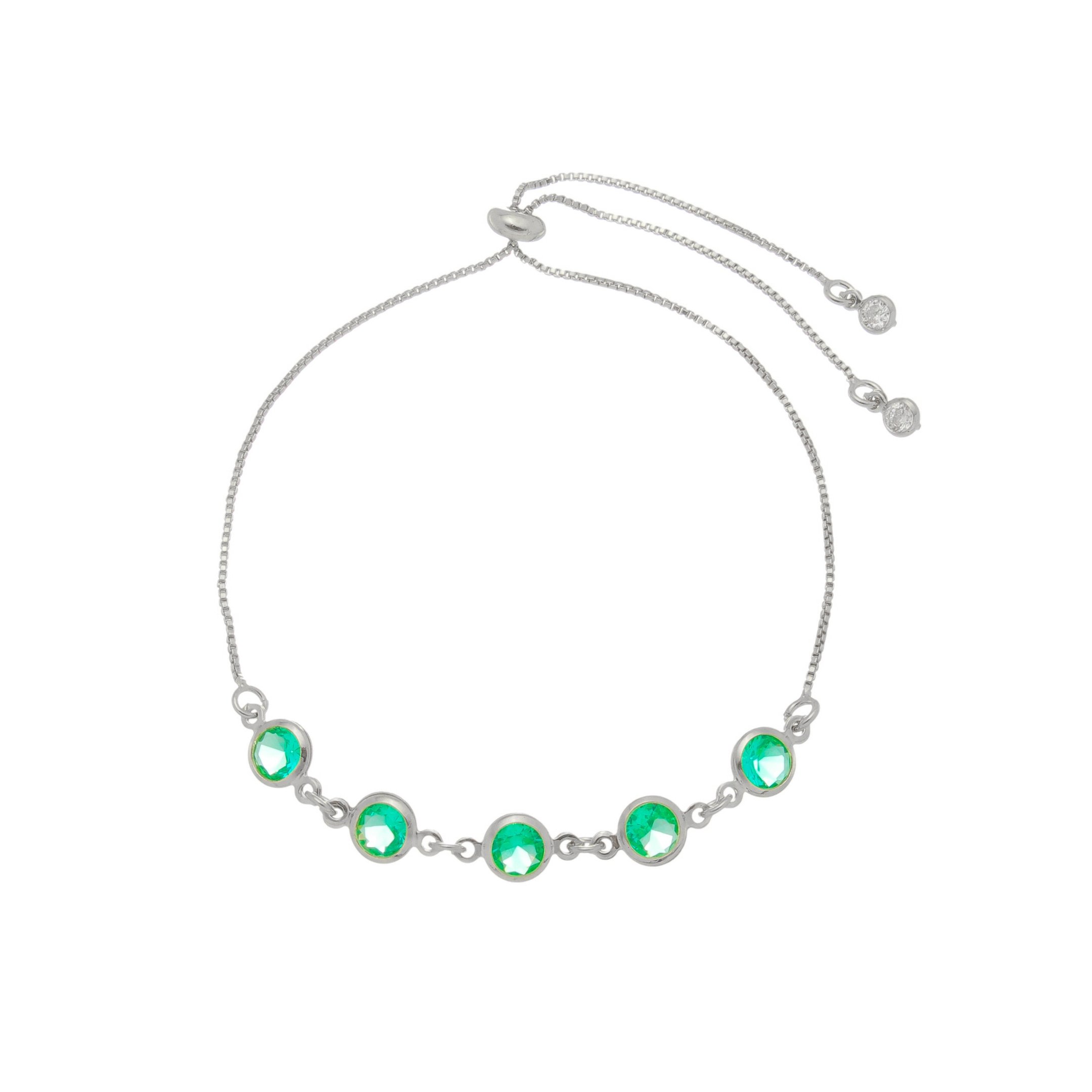 PULSEIRA AJUSTÁVEL FOLHEADA EM RÓDIO BRANCO ZIRCÔNIAS TURMALINA BETINA