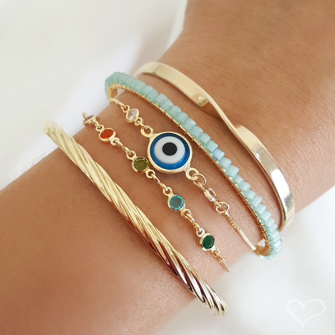 PULSEIRA FOLHEADA A OURO 18K AJUSTE OLHO GREGO AVANA PIUKA Dourado 2