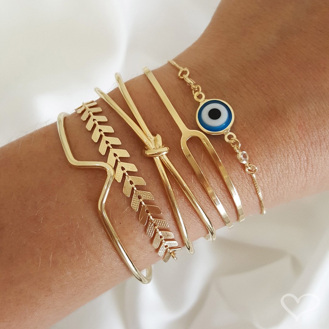 PULSEIRA FOLHEADA A OURO 18K AJUSTE OLHO GREGO AVANA PIUKA Dourado 3