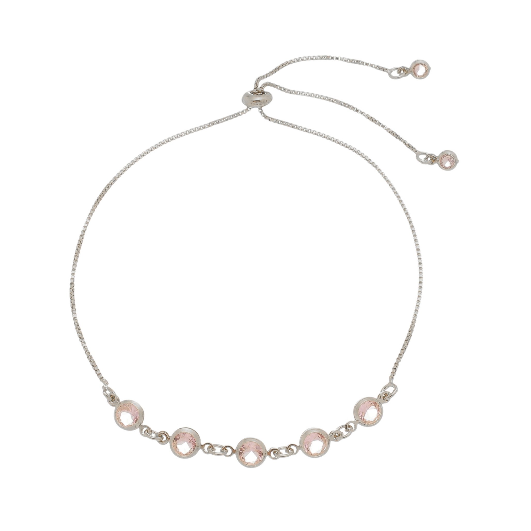 PULSEIRA AJUSTÁVEL FOLHEADA EM RÓDIO BRANCO ZIRCÔNIAS ROSA BETINA