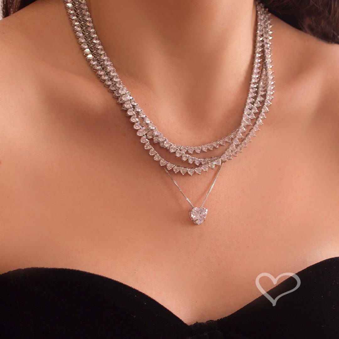 CONJUNTO COLAR E BRINCO LELÊ CORAÇÃO ZIRCÔNIA FOLHEADO EM RÓDIO BRANCO Prata 2
