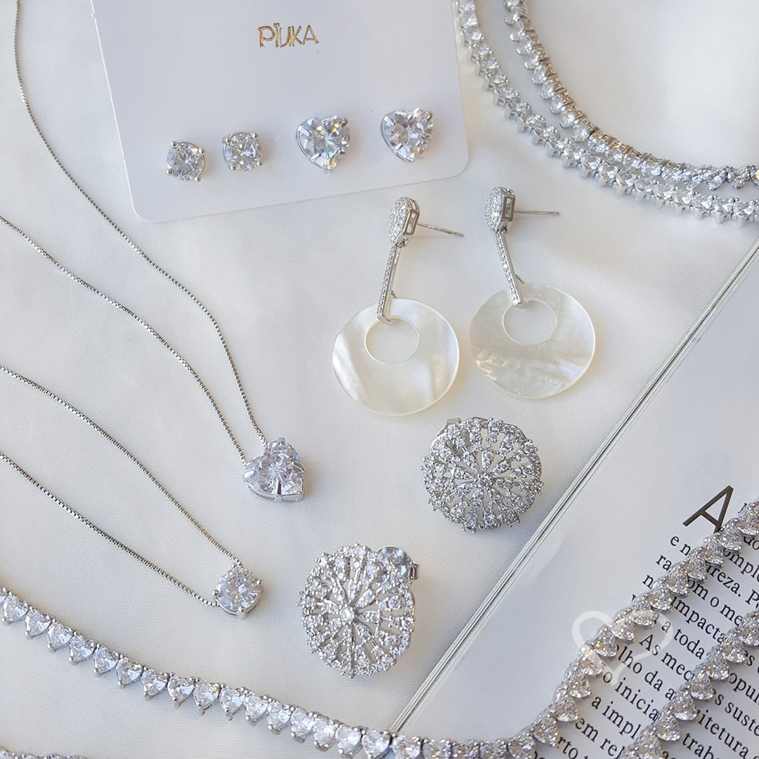 CONJUNTO COLAR E BRINCO LELÊ CORAÇÃO ZIRCÔNIA FOLHEADO EM RÓDIO BRANCO Prata 4