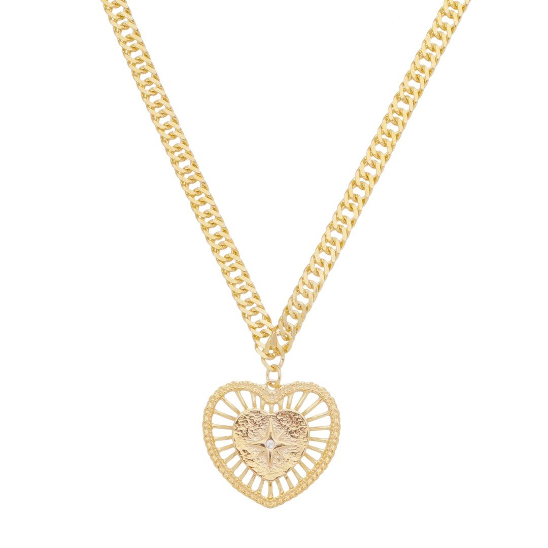 COLAR DE CORAÇÃO VINTAGE ESTRELA ALPHA FOLHEADO A OURO 18K Dourado 1