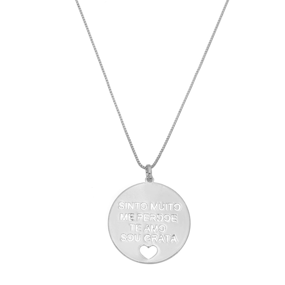 COLAR LONGO MEDALHA HO’OPONOPONO FOLHEADO EM RÓDIO BRANCO