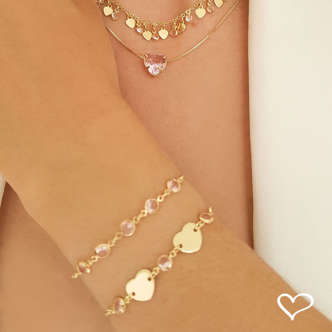 PULSEIRA PIUKA AJUSTÁVEL AJUDE HCC 2 CORAÇÕES METAL ZIRCÔNIAS ROSA FOLHEADA A OURO 18K Dourado 2