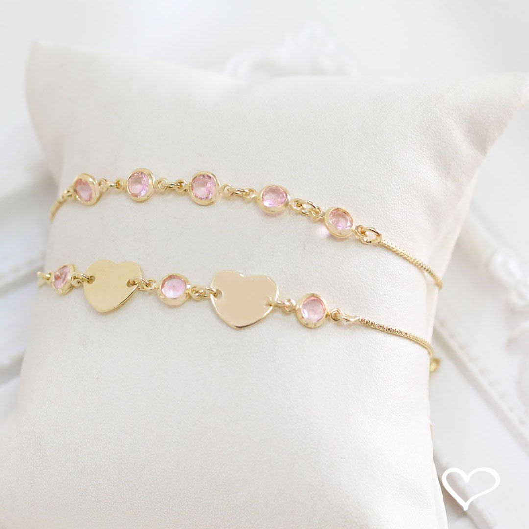 PULSEIRA PIUKA AJUSTÁVEL AJUDE HCC 2 CORAÇÕES METAL ZIRCÔNIAS ROSA FOLHEADA A OURO 18K Dourado 3