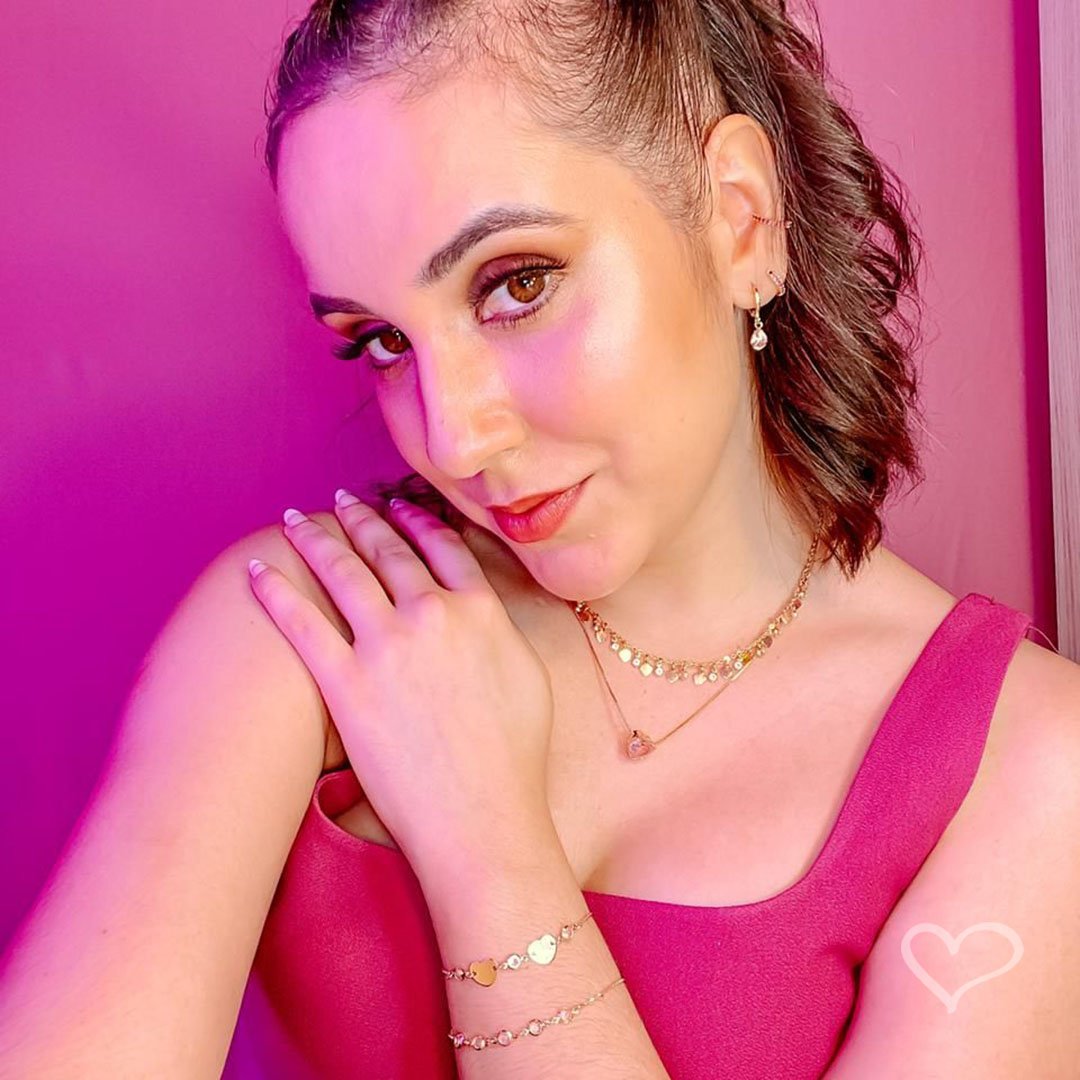 PULSEIRA PIUKA AJUSTÁVEL AJUDE HCC 2 CORAÇÕES METAL ZIRCÔNIAS ROSA FOLHEADA A OURO 18K Dourado 4