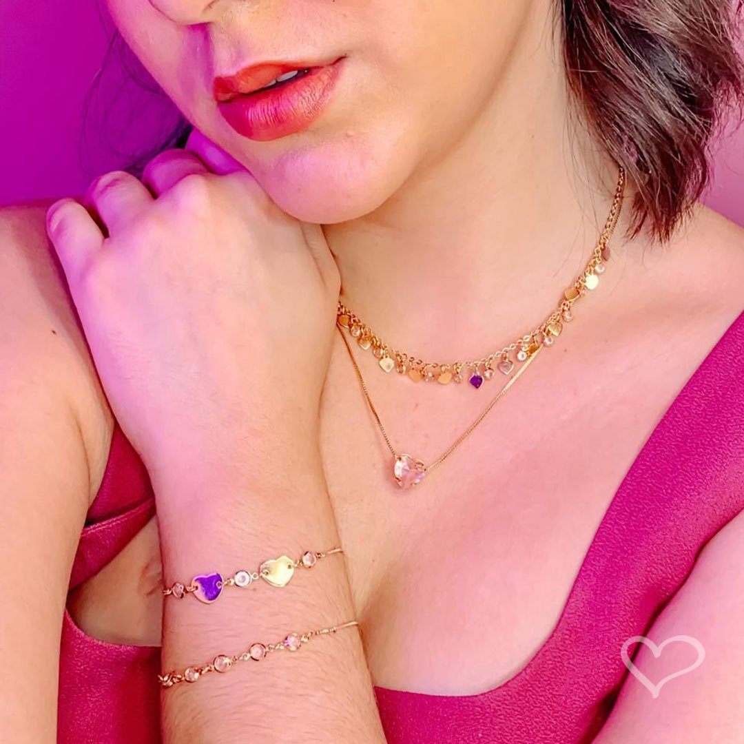 PULSEIRA PIUKA AJUSTÁVEL AJUDE HCC 2 CORAÇÕES METAL ZIRCÔNIAS ROSA FOLHEADA A OURO 18K Dourado 5