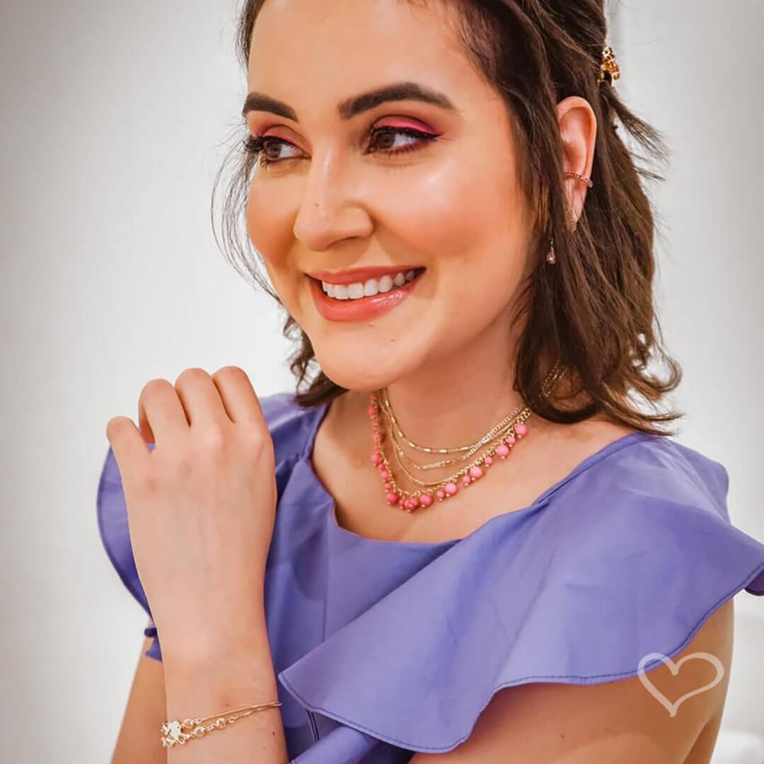 PULSEIRA PIUKA AJUSTÁVEL AJUDE HCC 2 CORAÇÕES METAL ZIRCÔNIAS ROSA FOLHEADA A OURO 18K Dourado 6