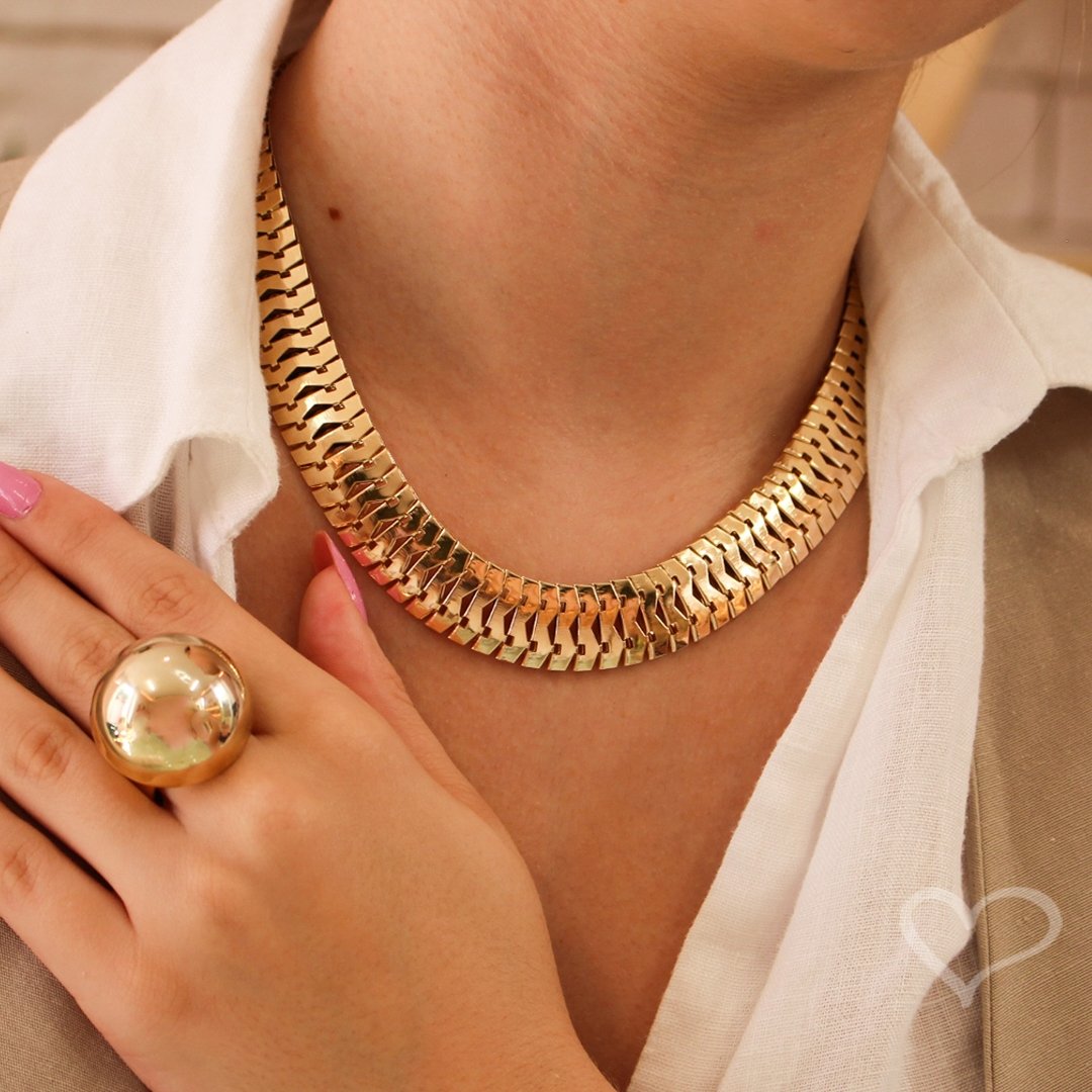 CHOKER LUIZA MALHA ESCAMAS FOLHEADA A OURO 18K Dourado 2