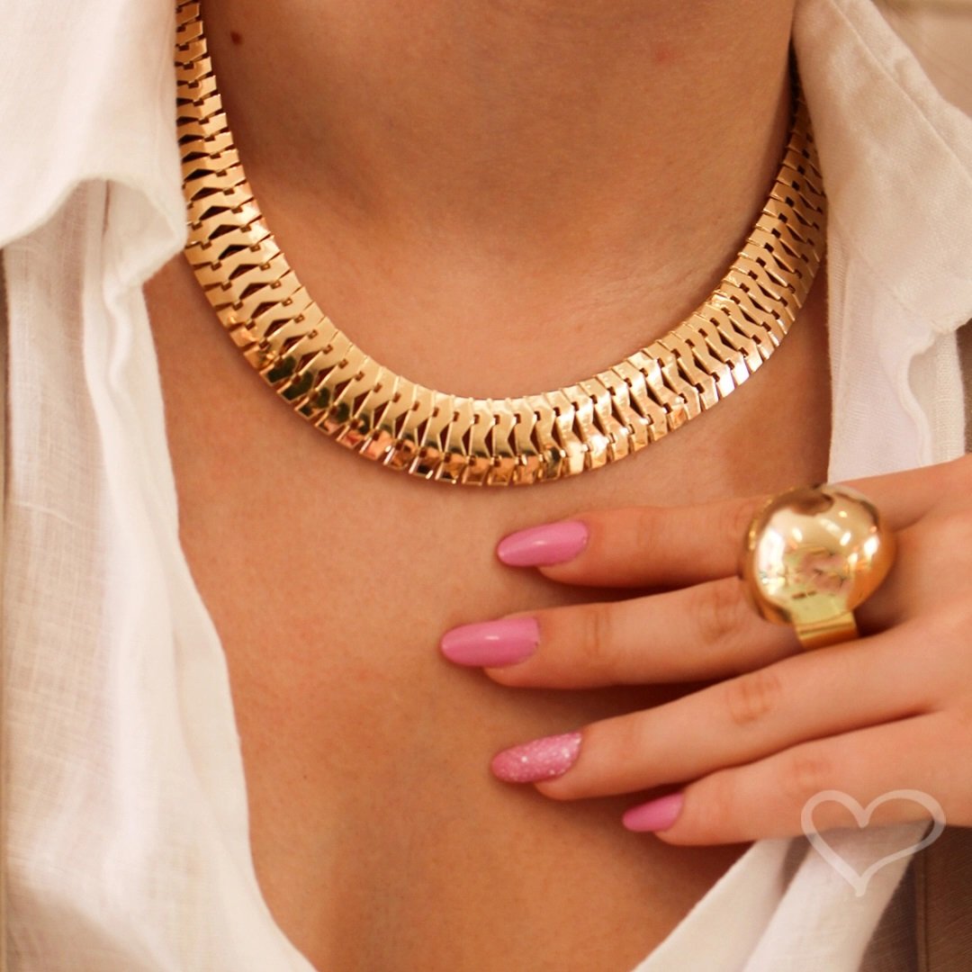 CHOKER LUIZA MALHA ESCAMAS FOLHEADA A OURO 18K Dourado 3