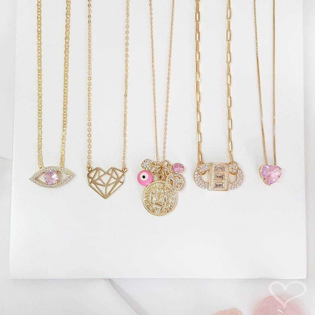 COLAR DE CORAÇÃO ZIRCÔNIA ROSA JUNNY FOLHEADO A OURO 18K Dourado 2