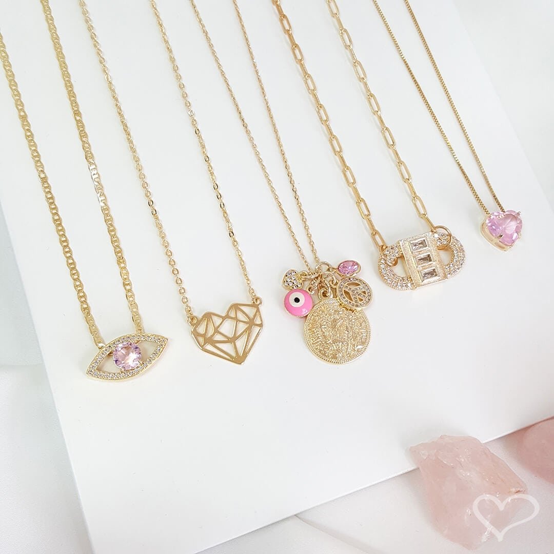 COLAR DE CORAÇÃO ZIRCÔNIA ROSA JUNNY FOLHEADO A OURO 18K Dourado 3