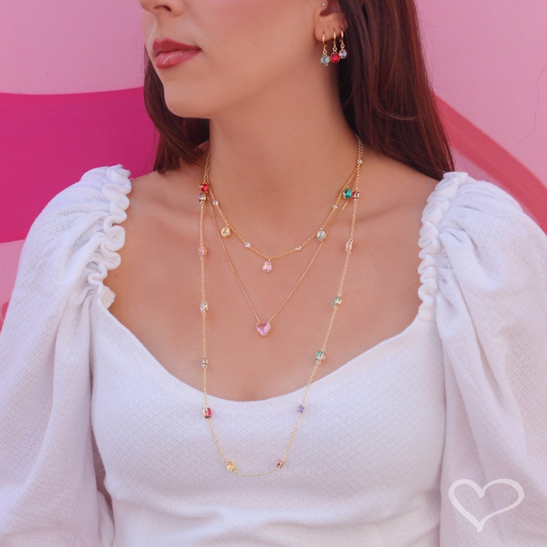 COLAR DE CORAÇÃO ZIRCÔNIA ROSA JUNNY FOLHEADO A OURO 18K Dourado 4
