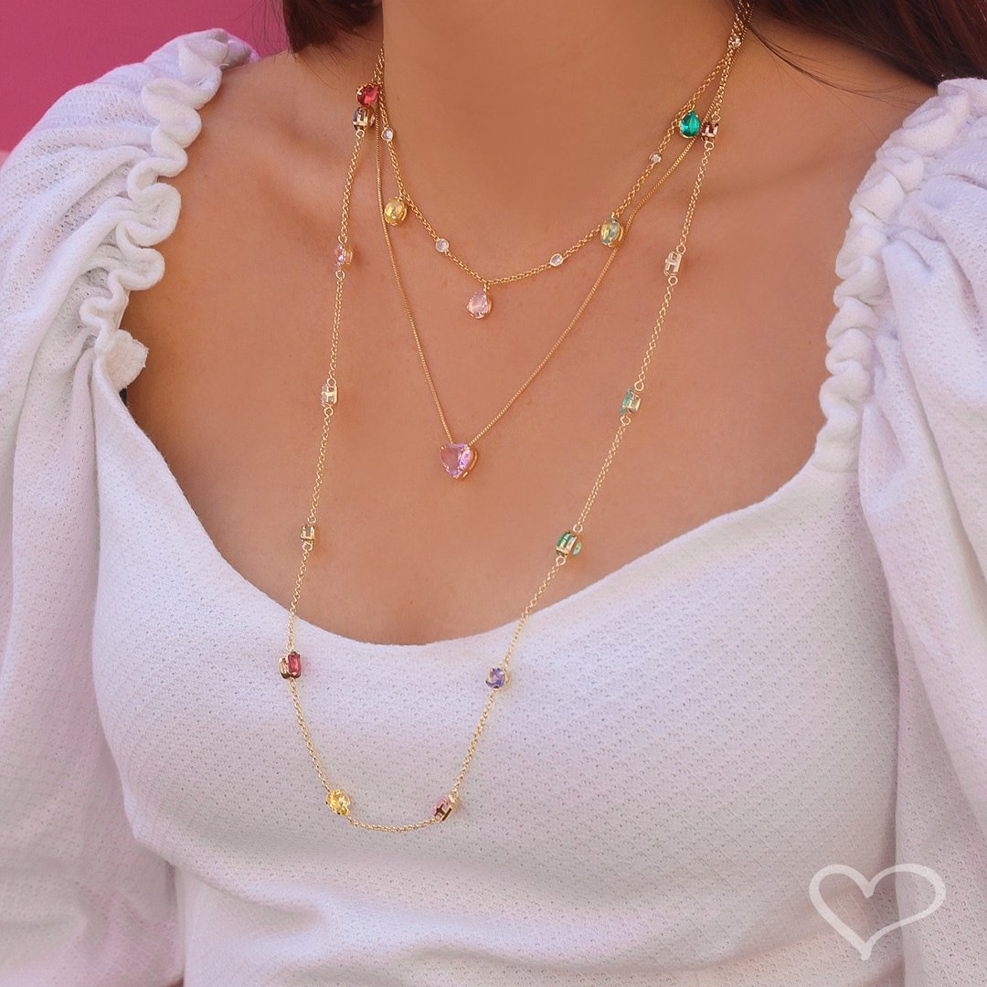 COLAR DE CORAÇÃO ZIRCÔNIA ROSA JUNNY FOLHEADO A OURO 18K Dourado 5