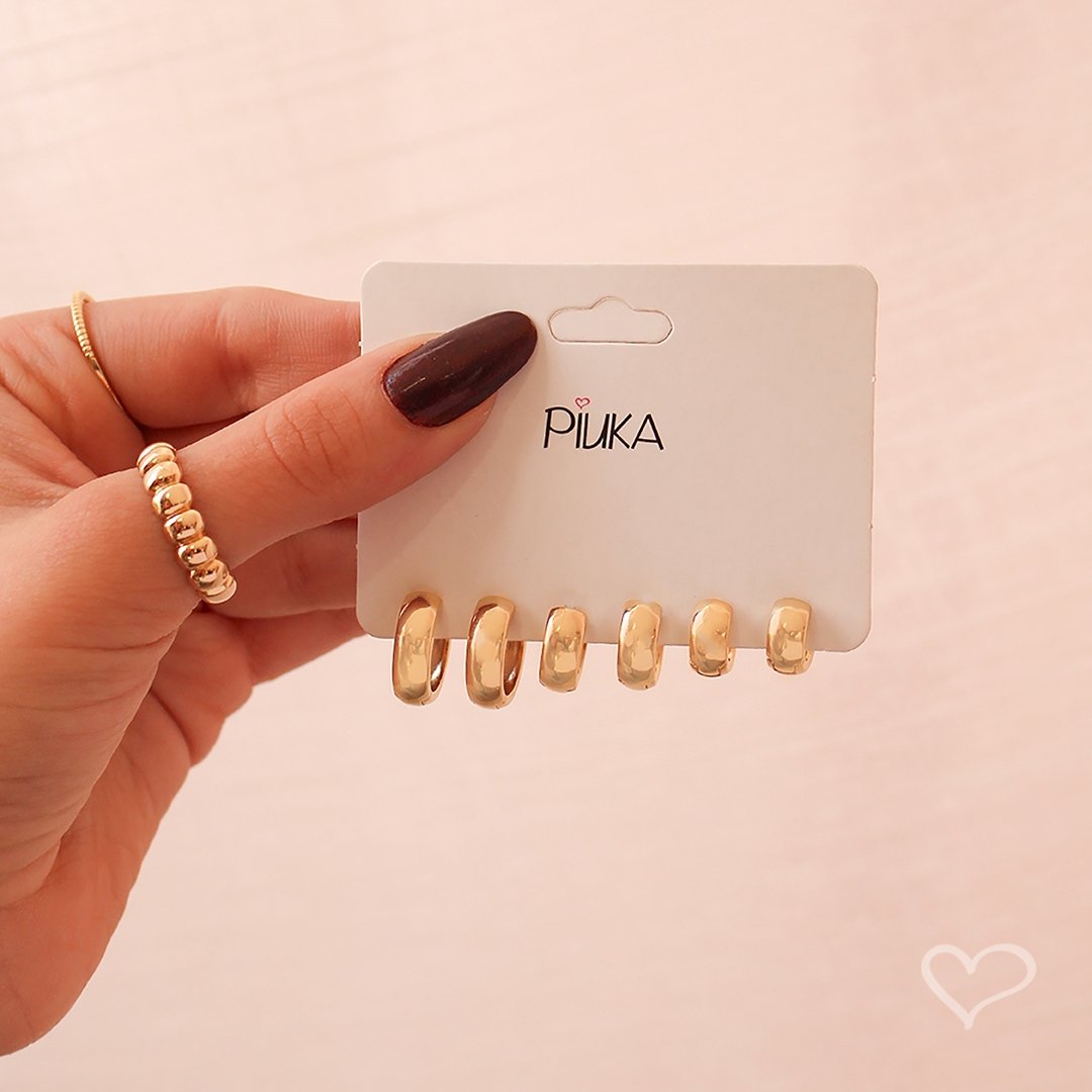 TRIO DE BRINCOS ANA LIVIA FOLHEADO A OURO 18K Dourado 3