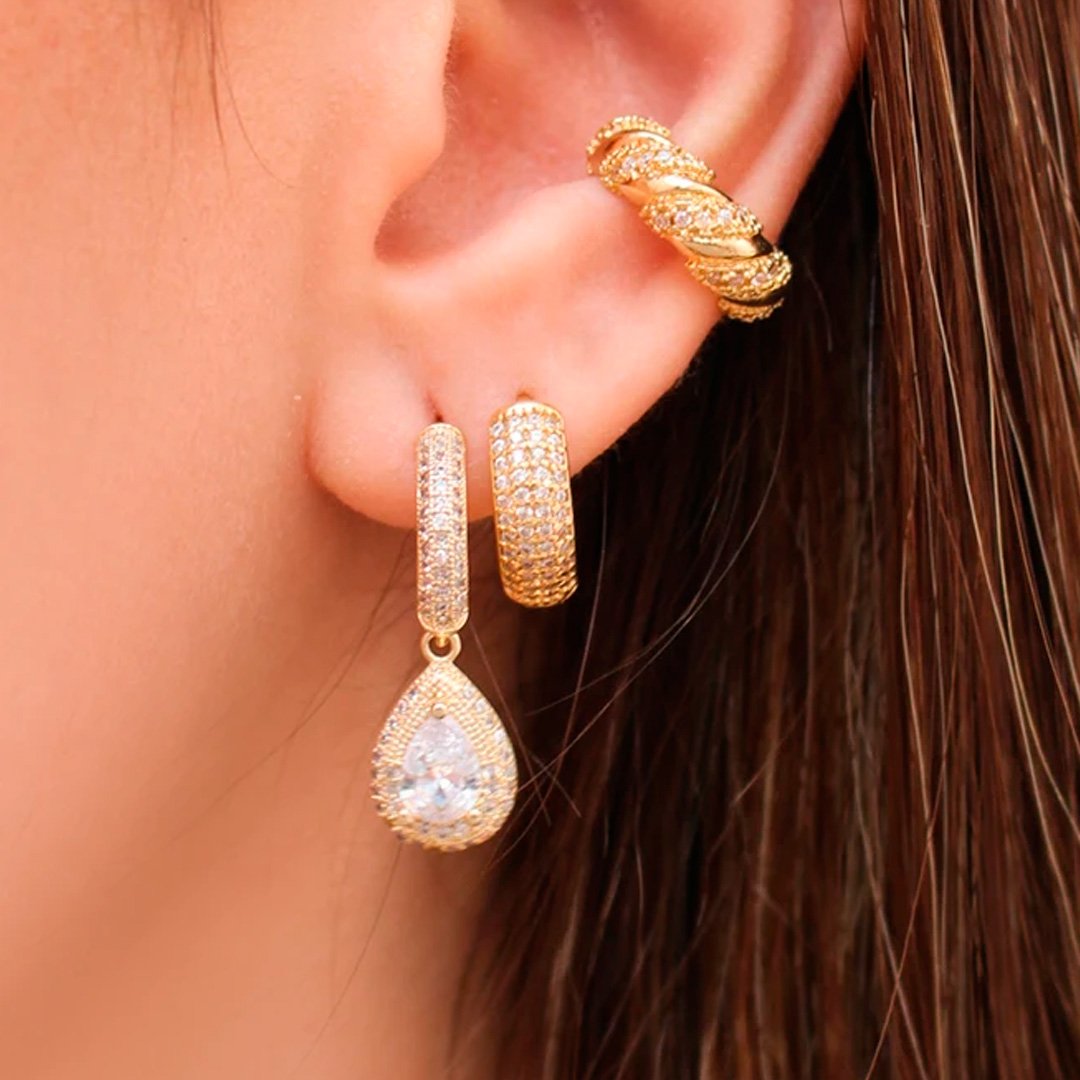 BRINCO PIUKA MEIA ARGOLA PILAR GOTA ZIRCÔNIA CRISTAL FOSCA E BRILHANTE FOLHEADO A OURO 18K Dourado 3