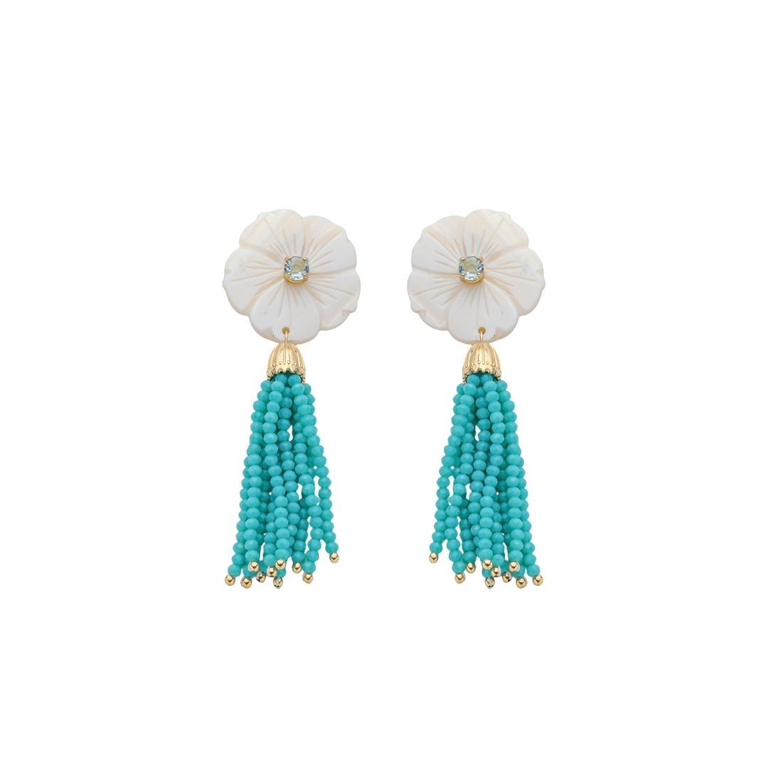 BRINCO JAQUE FLOR MADREPÉROLA ZIRCÔNIA CRISTAIS TURQUESA FOLHEADO A OURO 18K