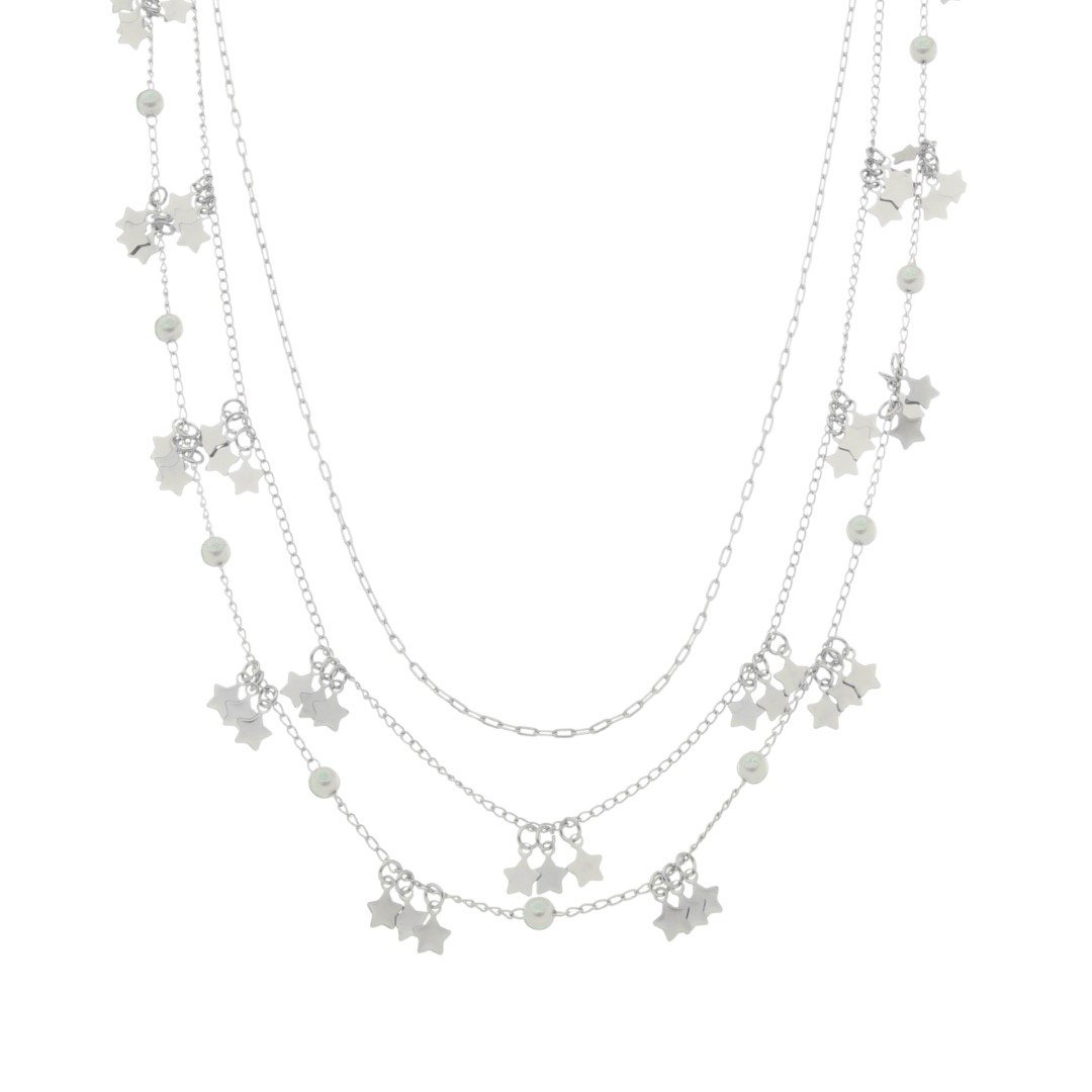 COLAR 3 VOLTAS LIKA MINI ESTRELAS E PÉROLAS FOLHEADO EM RÓDIO BRANCO