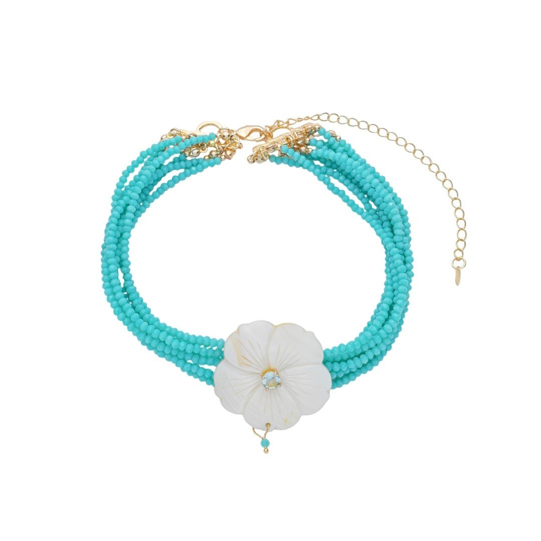 GARGANTILHA JAQUE FLOR MADREPÉROLA ZIRCÔNIA CRISTAIS TURQUESA FOLHEADA A OURO 18K