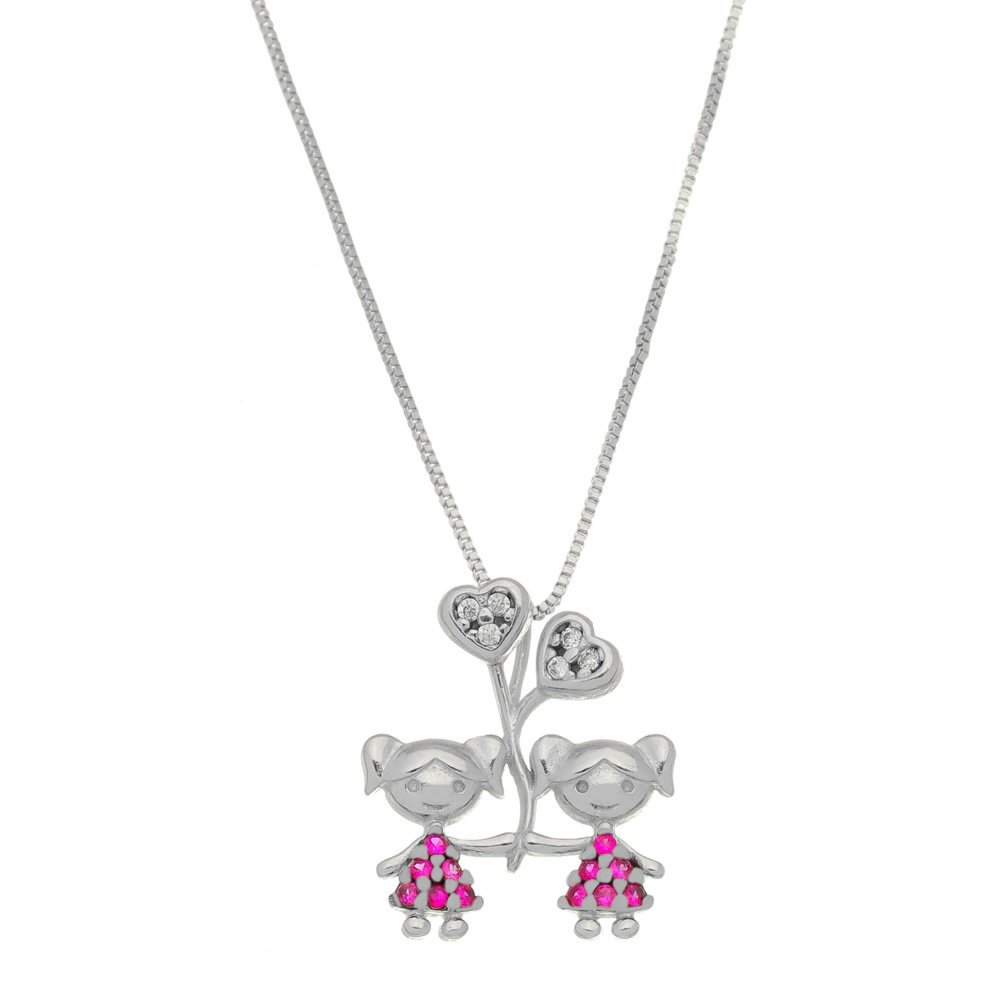 COLAR MÃE DE MENINA CORAÇÃO ZIRCÔNIAS PINK FOLHEADO EM RÓDIO BRANCO