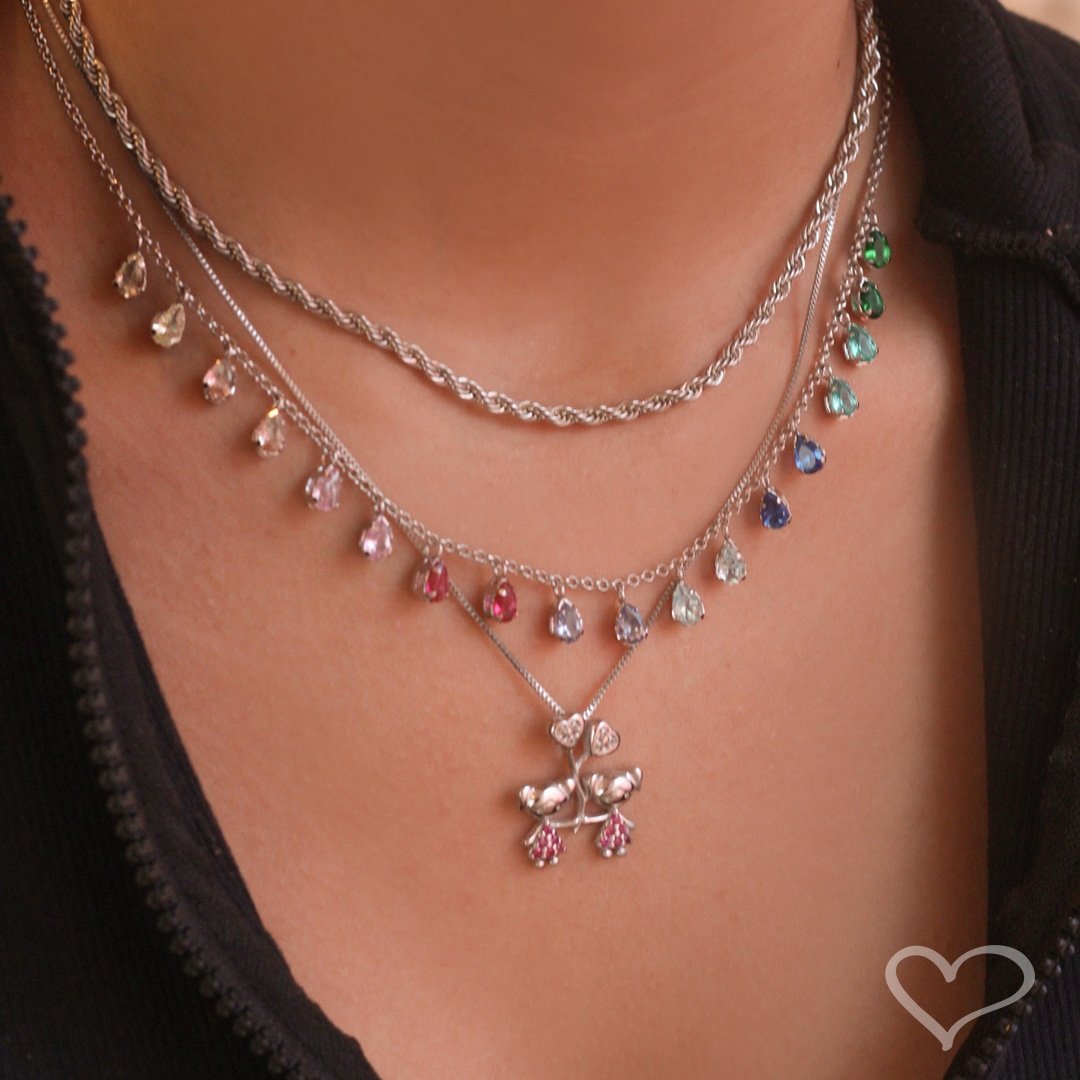 COLAR MÃE DE MENINA CORAÇÃO ZIRCÔNIAS PINK FOLHEADO EM RÓDIO BRANCO Prata 2