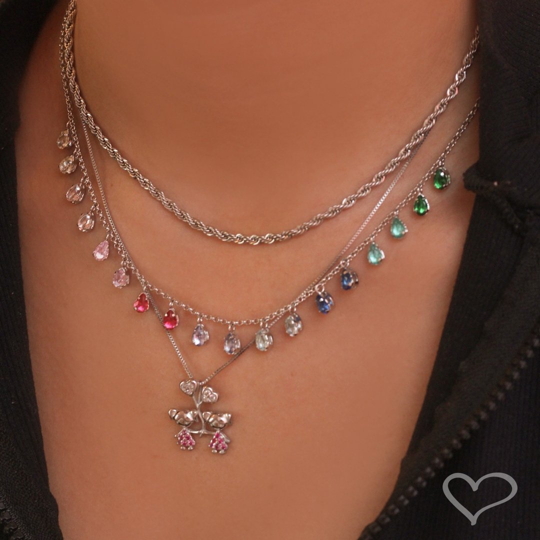 COLAR MÃE DE MENINA CORAÇÃO ZIRCÔNIAS PINK FOLHEADO EM RÓDIO BRANCO Prata 3