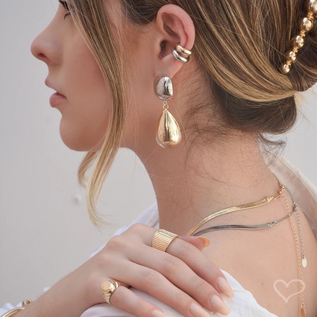 BRINCO STELLA GOTA FOLHEADO A OURO E RÓDIO BRANCO Dourado/Branco 3