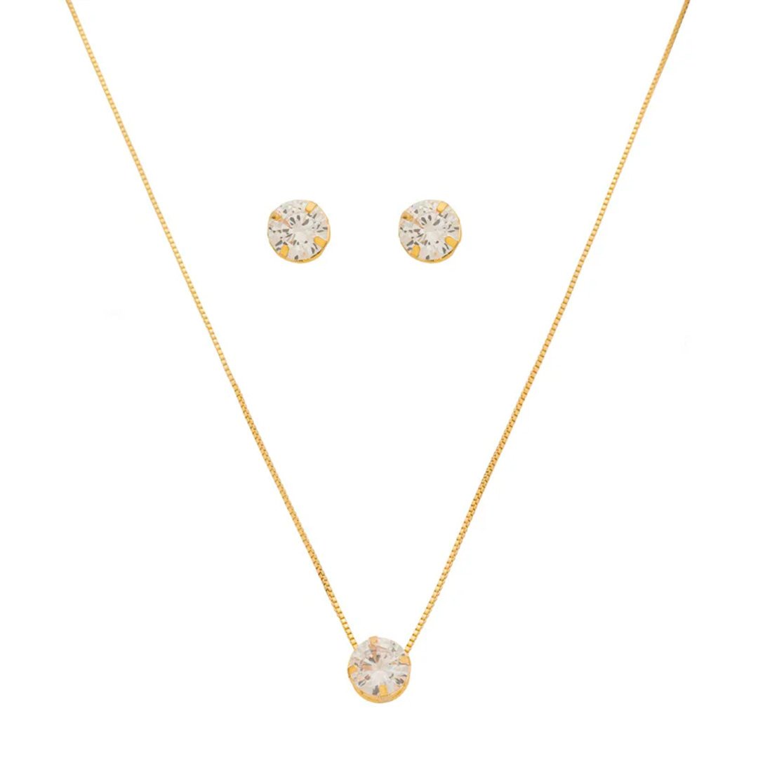 CONJUNTO COLAR E BRINCO PONTO DE LUZ ALICE ZIRCÔNIA FOLHEADO A OURO 18K Dourado 1