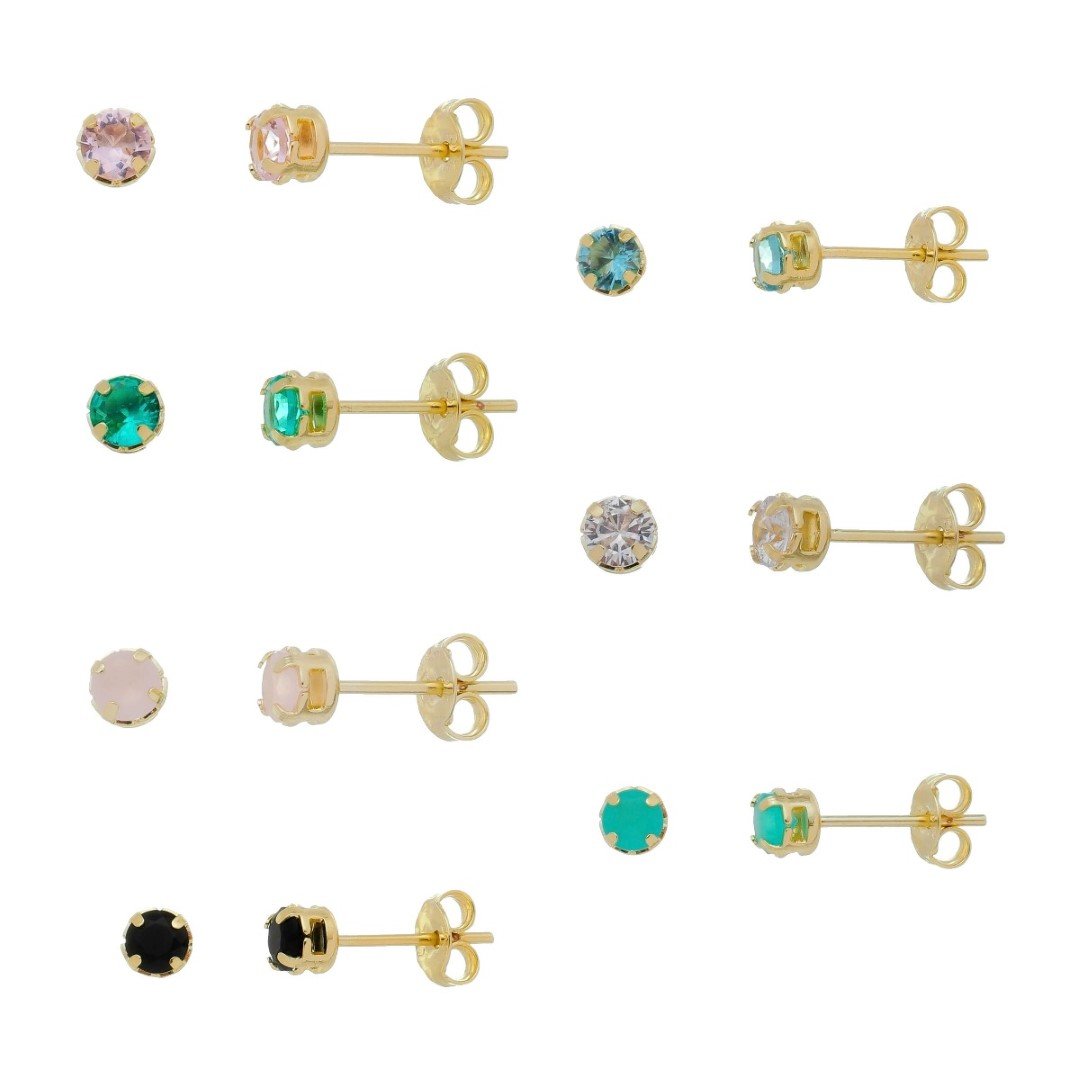 KIT 7 BRINCOS SEMANINHA FAFA ZIRCÔNIAS COLORIDAS FOLHEADO A OURO 18K Dourado 1