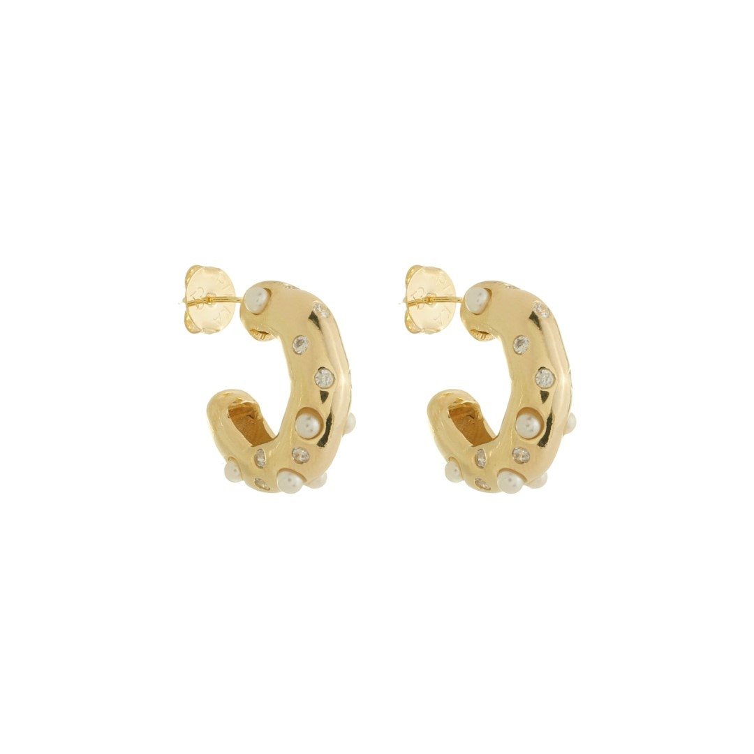 BRINCO DE ARGOLA YUMI PÉROLAS E ZIRCÔNIAS FOLHEADO A OURO 18K Dourado 1